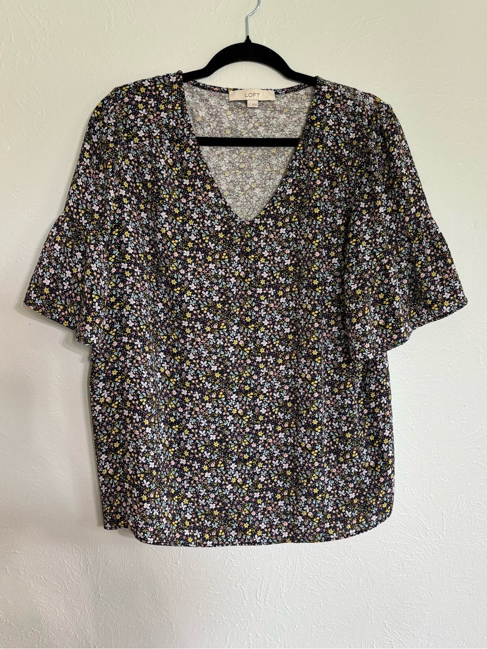 LOFT Black Floral V-Neck Flutter Sleeve Blouse